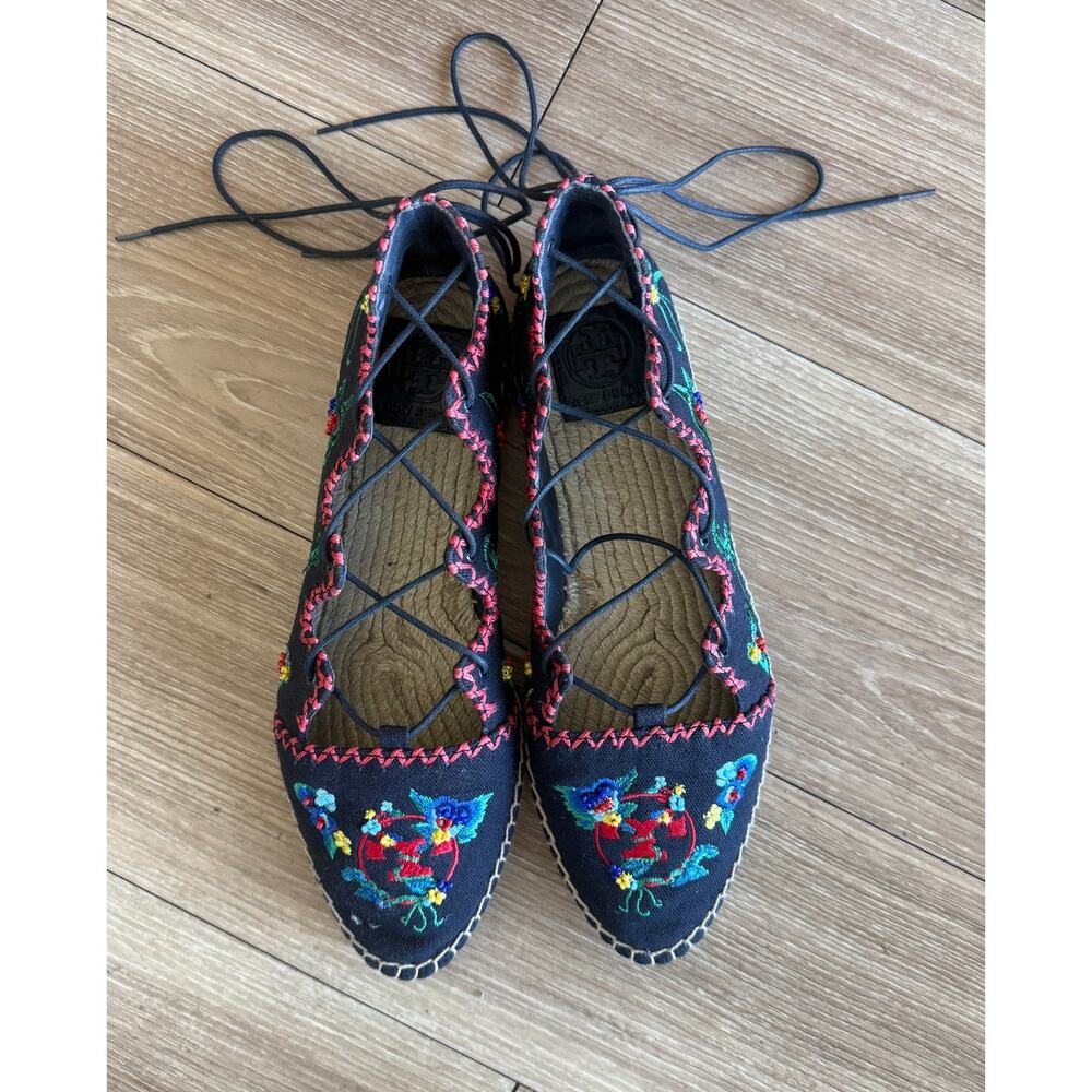 Tory Burch Black Embroidered Floral Lace Up Espadrille Flats Size 8